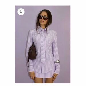 Lavender Pinstripe Button-Up Blouse with Matching Tie BRISTOWE Modern Work blous